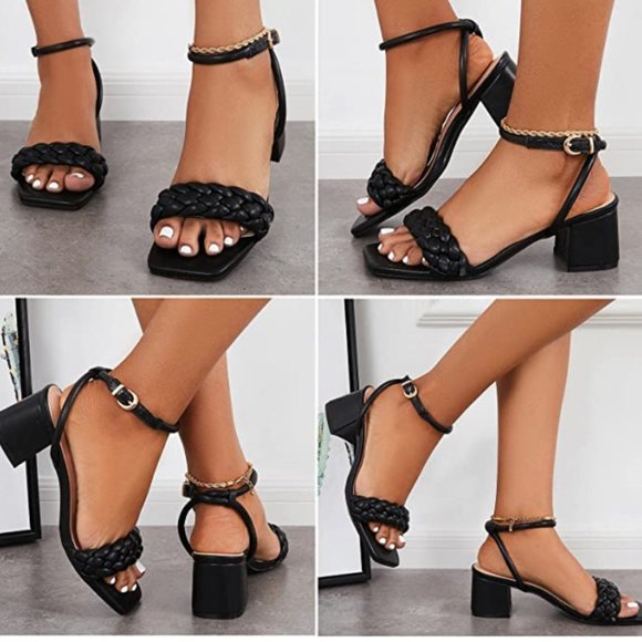Shoes - NEW Women's Heeled Sandals Braided Square Open Toe Ankle Strap Chunky Heels